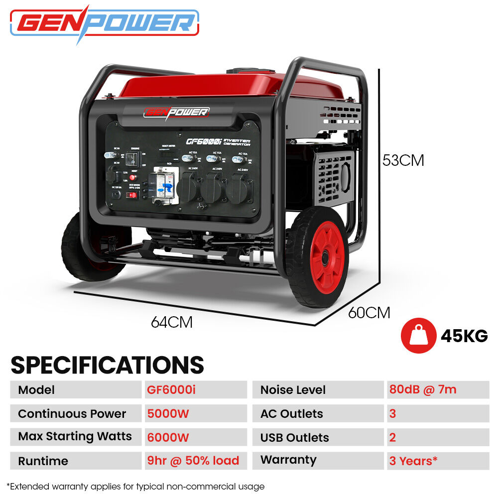 GENPOWER 6kW Peak 5kW Open Frame Inverter Generator, 3x15A, 15L Tank, Wheels, RCD, Portable, Backup