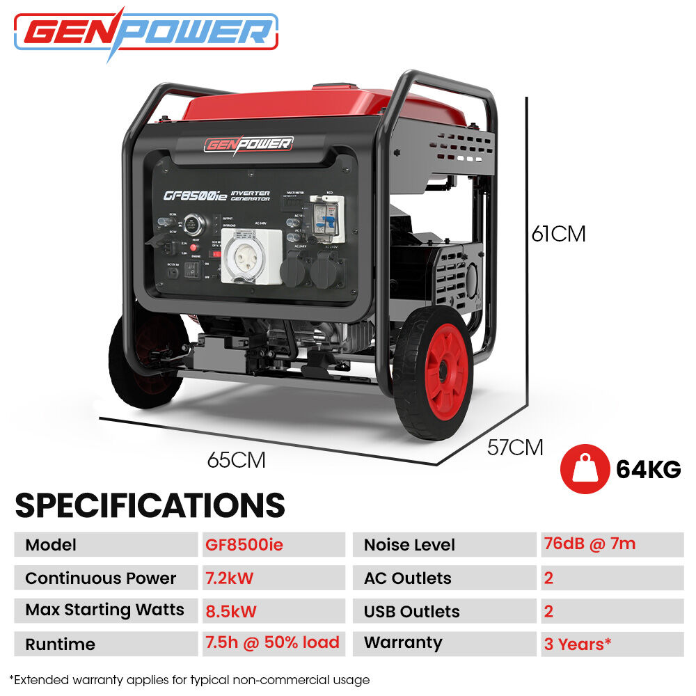 GENPOWER 8.5kW Peak 7.2kw Open Frame Inverter Generator, Push-Button Start, 2x15A, 1x32A, 20L Tank, Wheels, RCD, Portable, Backup