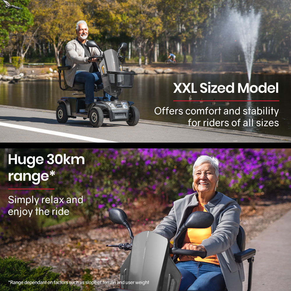 EQUIPMED Mobility Scooter, S-XXL comfortable size for all riders, 30km Max Range, 180kg capacity, Grey