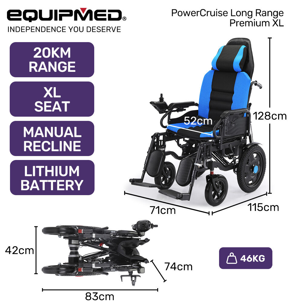 EQUIPMED Power Electric Wheelchair, Wide Bariatric Chair, Comfortable for S-XL, Long Range, Recline Adjustment, Lithium Battery, 16'' Wheels, Headrest, Folding