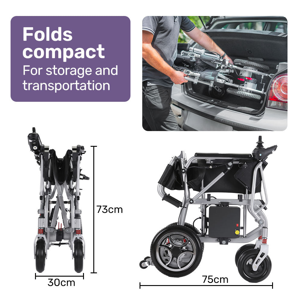 EQUIPMED Power Electric Wheelchair, Airline Approved Wheelchair, Extra Lightweight, Long Range, Lithium Batteries, Silver