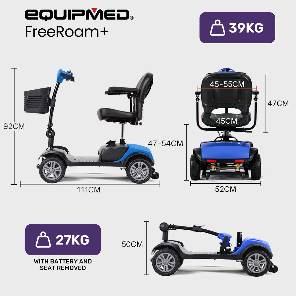 EQUIPMED FreeRoam+ Mid-Sized Lithium Fast Easy Charge Mobility Scooter, Blue