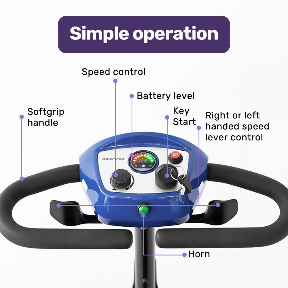 EQUIPMED FreeRoam+ Mid-Sized Lithium Fast Easy Charge Mobility Scooter, Blue