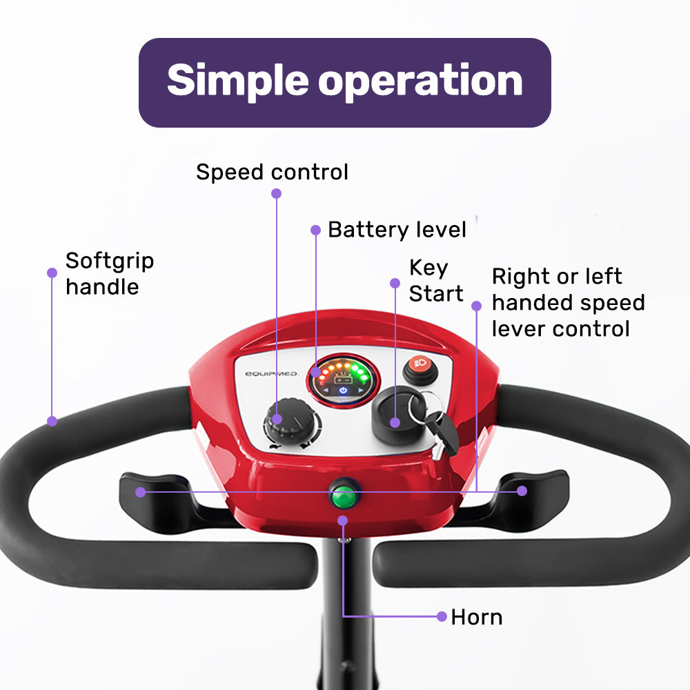 EQUIPMED FreeRoam+ Mid-Sized Lithium Fast Easy Charge Mobility Scooter, Red