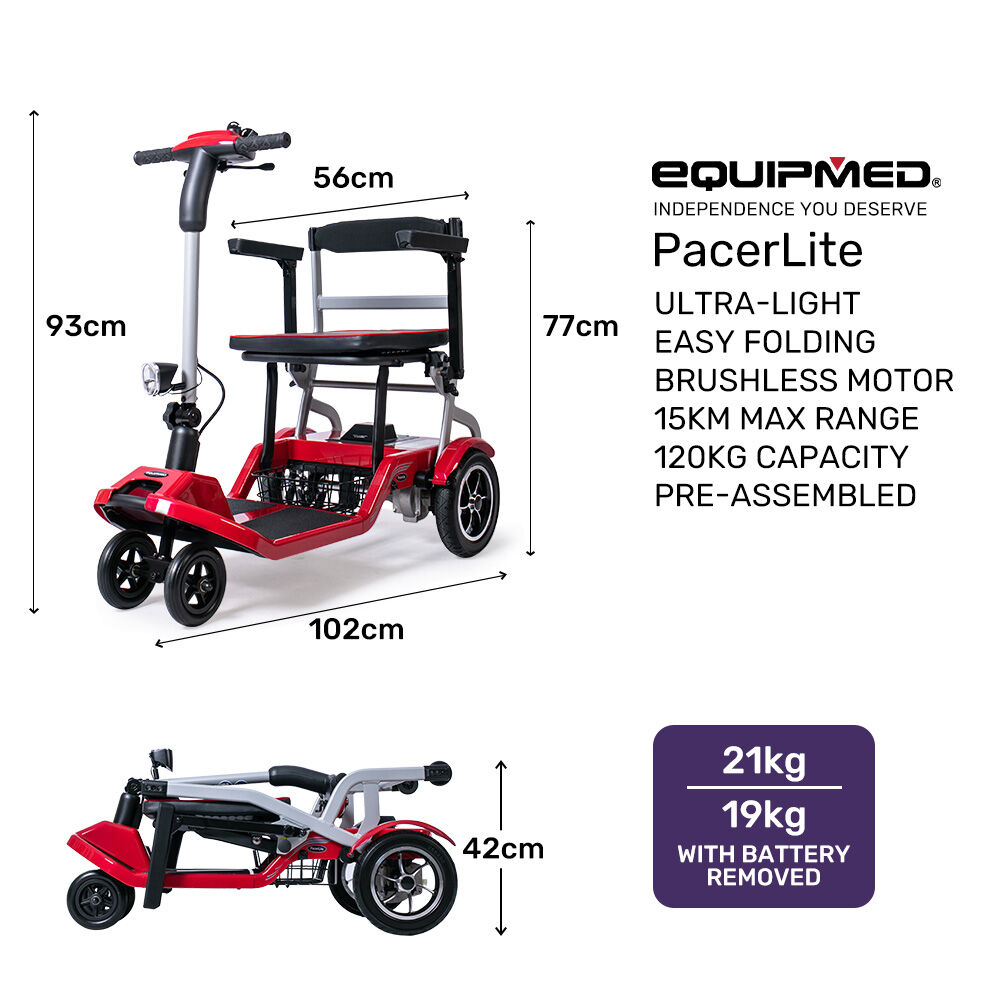 EQUIPMED Ultra-Lightweight Folding Electric Mobility Scooter, 19kg with Battery Removed, 120kg Capacity, Long Range, Brushless Motor, Portable, Red