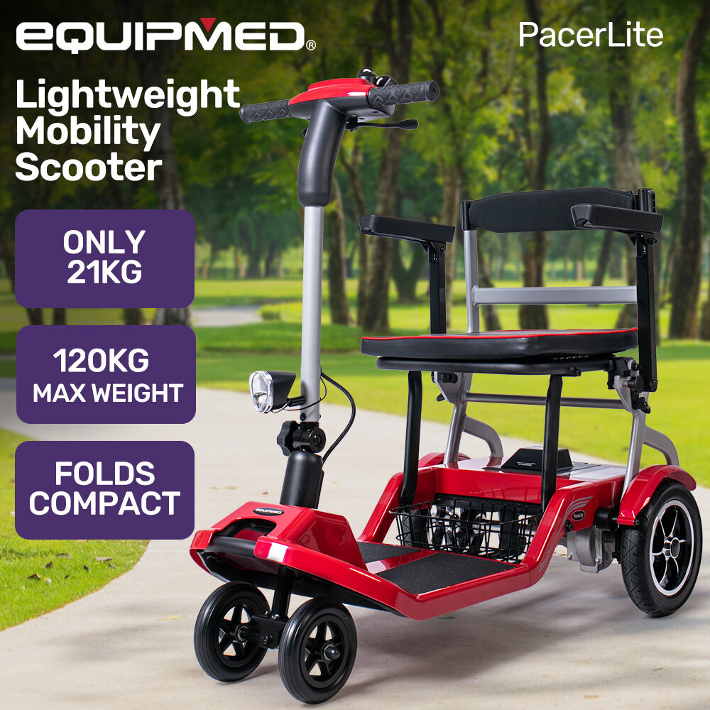 EQUIPMED Ultra-Lightweight Folding Electric Mobility Scooter, 19kg with Battery Removed, 120kg Capacity, Long Range, Brushless Motor, Portable, Red