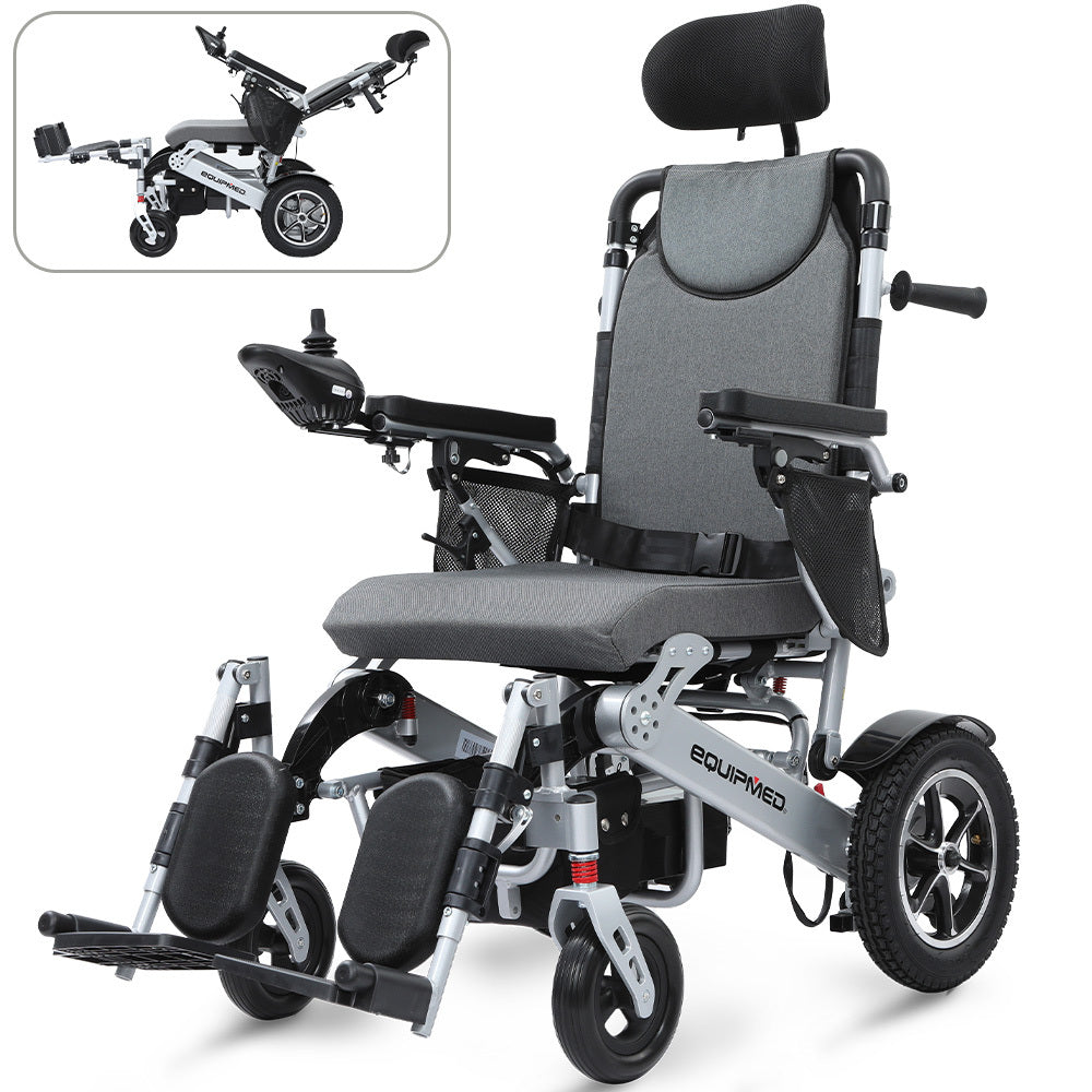 EQUIPMED Power Electric Wheelchair, Folding, ARTG Certified, Recline Adjustment, Headrest, Aluminium Frame, Lithium Battery, Folding