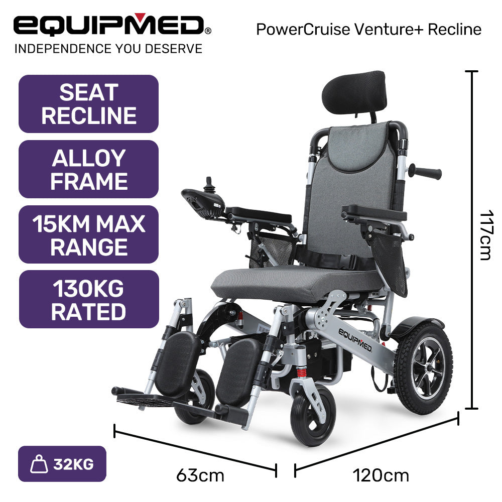 EQUIPMED Power Electric Wheelchair, Folding, ARTG Certified, Recline Adjustment, Headrest, Aluminium Frame, Lithium Battery, Folding