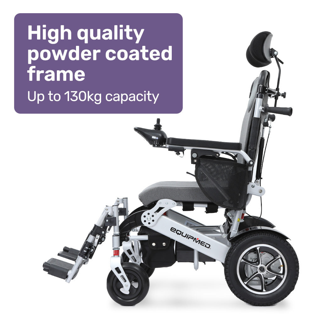 EQUIPMED Power Electric Wheelchair, Folding, ARTG Certified, Recline Adjustment, Headrest, Aluminium Frame, Lithium Battery, Folding