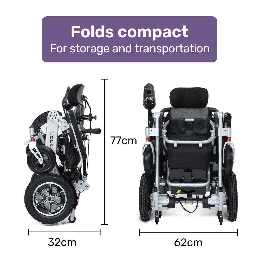 EQUIPMED Power Electric Wheelchair, Folding, ARTG Certified, Recline Adjustment, Headrest, Aluminium Frame, Lithium Battery, Folding