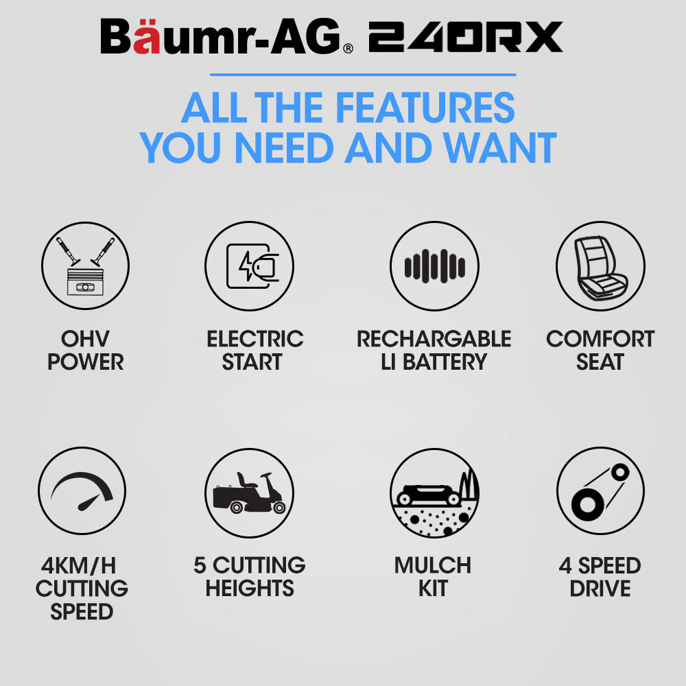 BAUMR-AG 24" Ride On Lawn Mower, Lithium Electric Start System, 6HP 224cc, 5 Cut Heights, Catcher and Mulch Kit