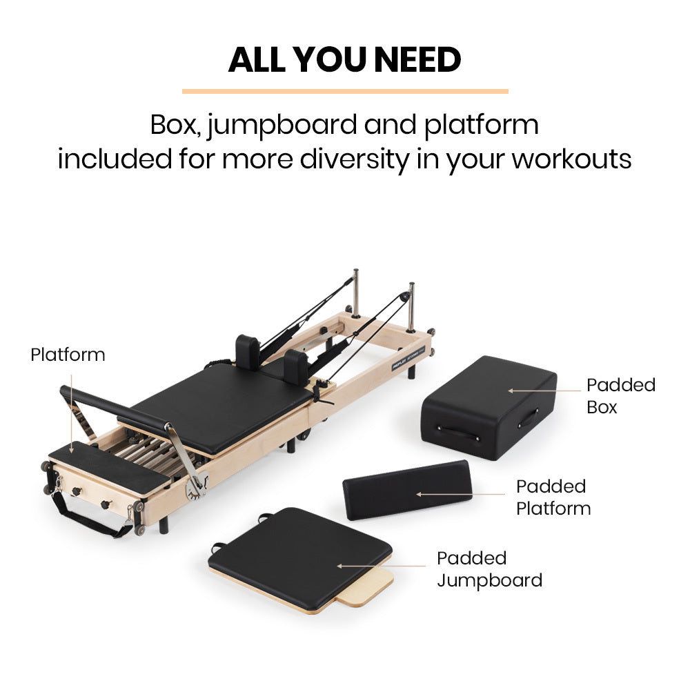 PROFLEX Wooden Pilates Reformer Machine, Stretch Bed with box and jump board accessories