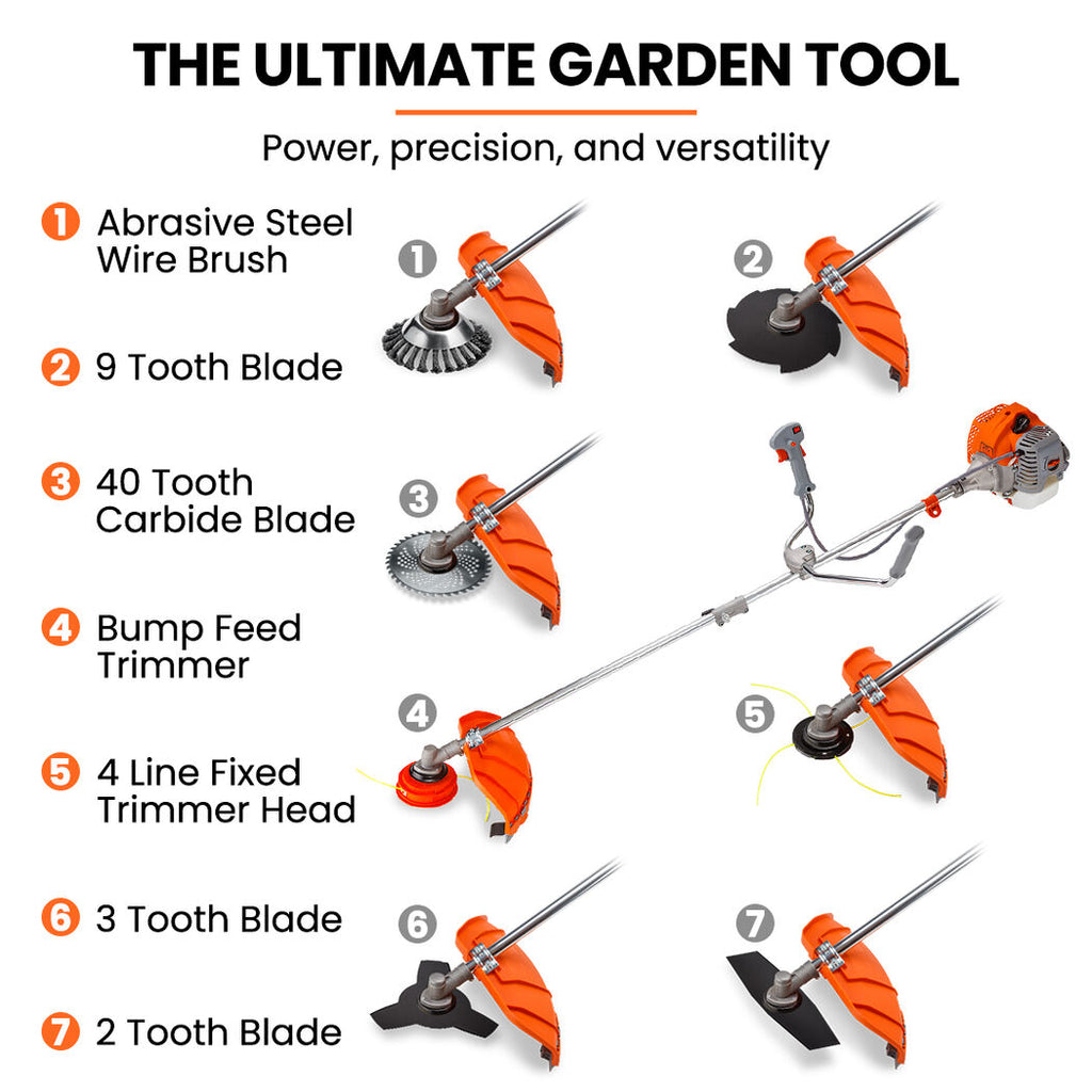 MTM 62cc 7in1 Brush Cutter Garden Multi-Tool , Pole Hedge & Line Trimmer, Bullhorn Handle, 12" Tree Trimming Pruning - YDS.com.au