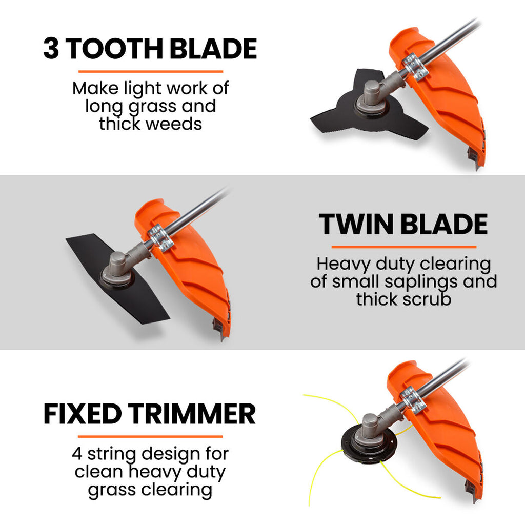 MTM 62cc 7in1 Brush Cutter Garden Multi-Tool , Pole Hedge & Line Trimmer, Bullhorn Handle, 12" Tree Trimming Pruning - YDS.com.au