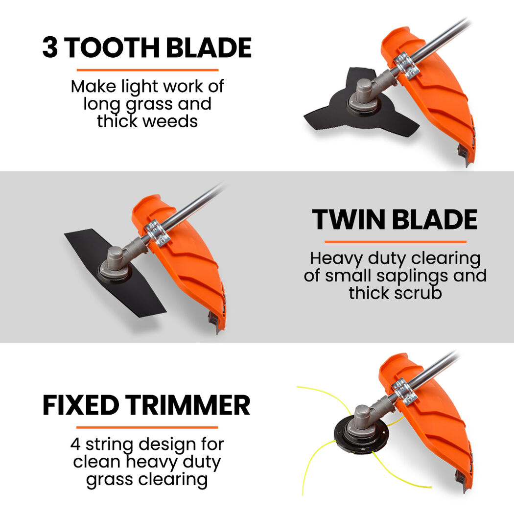 MTM 62cc 7in1 Brush Cutter Garden Multi-Tool , Pole Hedge & Line Trimmer, Bullhorn Handle, 12" Tree Trimming Pruning - YDS.com.au