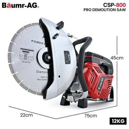 BAUMR-AG 350mm Professional Concrete Demolition Saw 74cc 2-Stroke, Wet and Dry Demo Cutting, 14" Diamond Blade, Anti-Vibration System