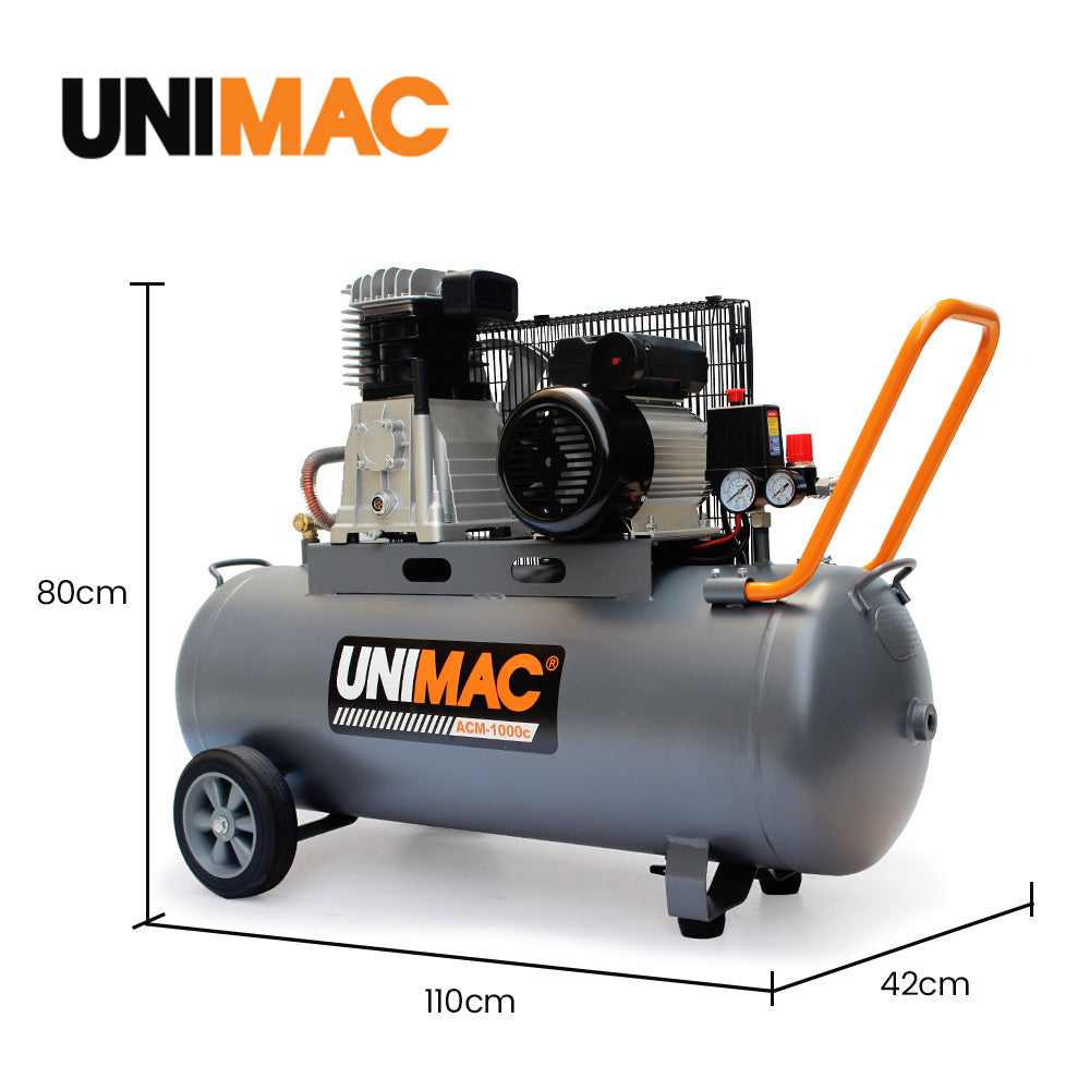 Unimac 100L 2.6kW Industrial Air Compressor, 370L/min 116PSI, Brushless Motor, Long Service Life, Certified Tank, 15A Plug