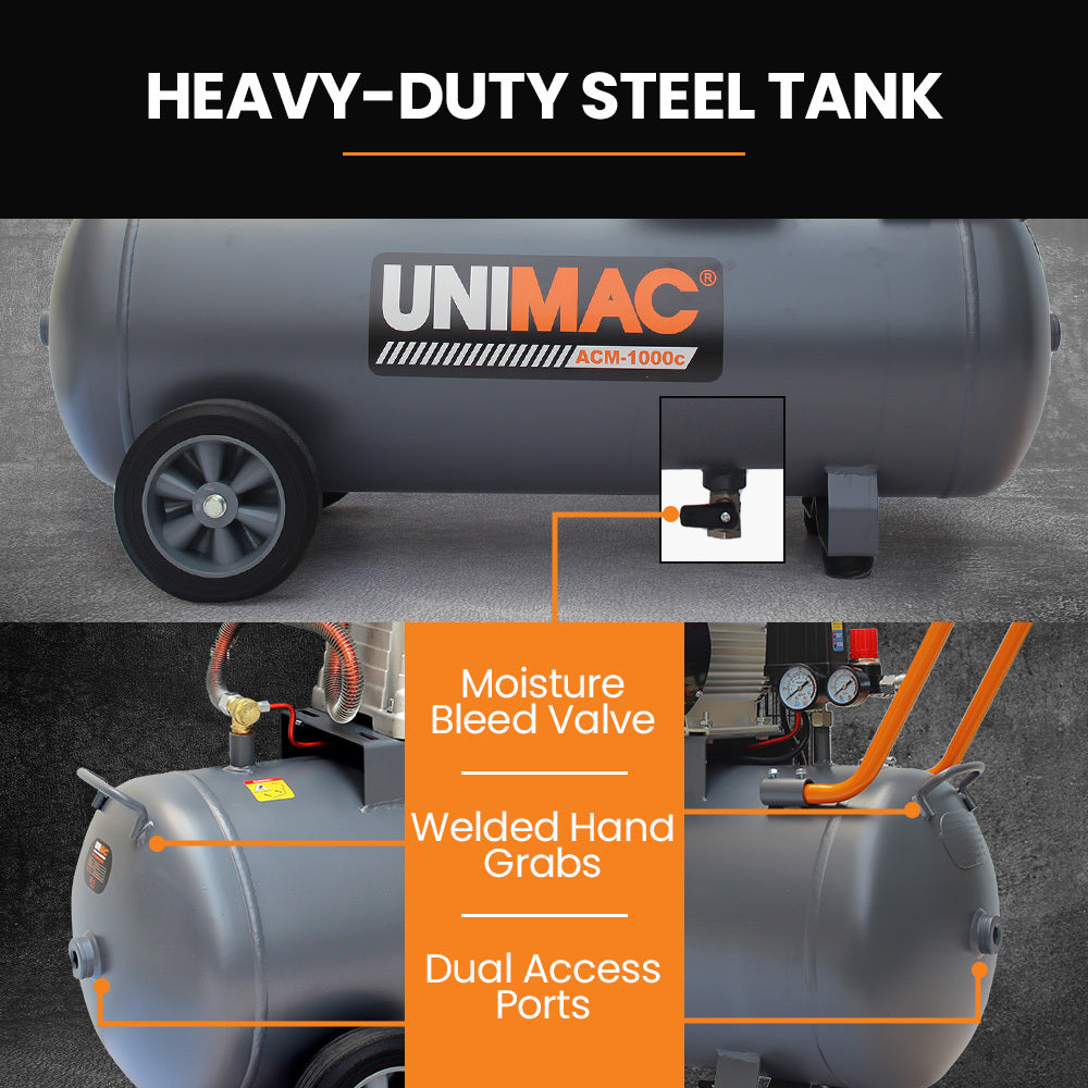 Unimac 100L 2.6kW Industrial Air Compressor, 370L/min 116PSI, Brushless Motor, Long Service Life, Certified Tank, 15A Plug