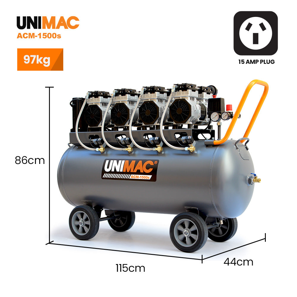 Unimac 150L 4.5HP Ultra-Slient Oil-Free Electric Air Compressor, Long Life Quad Motor, 116PSI Portable Heavy Duty, Twin Nitto Outlets, 15A Plug