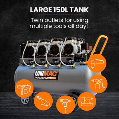 Unimac 150L 4.5HP Ultra-Slient Oil-Free Electric Air Compressor, Long Life Quad Motor, 116PSI Portable Heavy Duty, Twin Nitto Outlets, 15A Plug