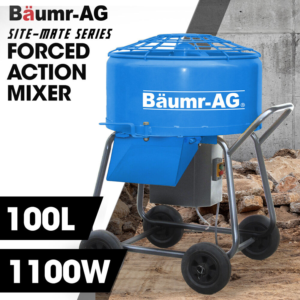 BAUMR-AG 100L Forced Action Pan Mixer, 1100W Electric Motor, Lightweight 58kg Design, for Mortar Screed Resin Cement, 8 Inch Solid Rubber Wheels