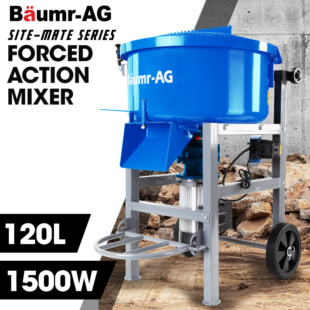 BAUMR-AG 120L Forced Action Pan Mixer, 1500W Electric Direct Drive Motor, Heavy-Duty Frame, for Mortar Screed Resin Cement, 10 Inch Solid Rubber Wheels