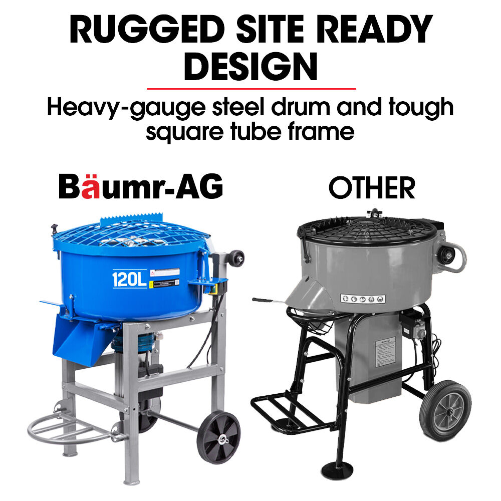 BAUMR-AG 120L Forced Action Pan Mixer, 1500W Electric Direct Drive Motor, Heavy-Duty Frame, for Mortar Screed Resin Cement, 10 Inch Solid Rubber Wheels