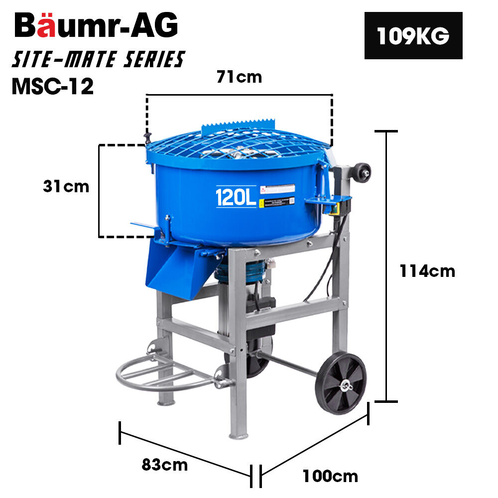 BAUMR-AG 120L Forced Action Pan Mixer, 1500W Electric Direct Drive Motor, Heavy-Duty Frame, for Mortar Screed Resin Cement, 10 Inch Solid Rubber Wheels