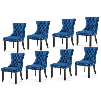 8 sillas de comedor de terciopelo tapizadas con mechones, silla de cocina con patas de madera maciza, borde de tachuelas y aro, color azul