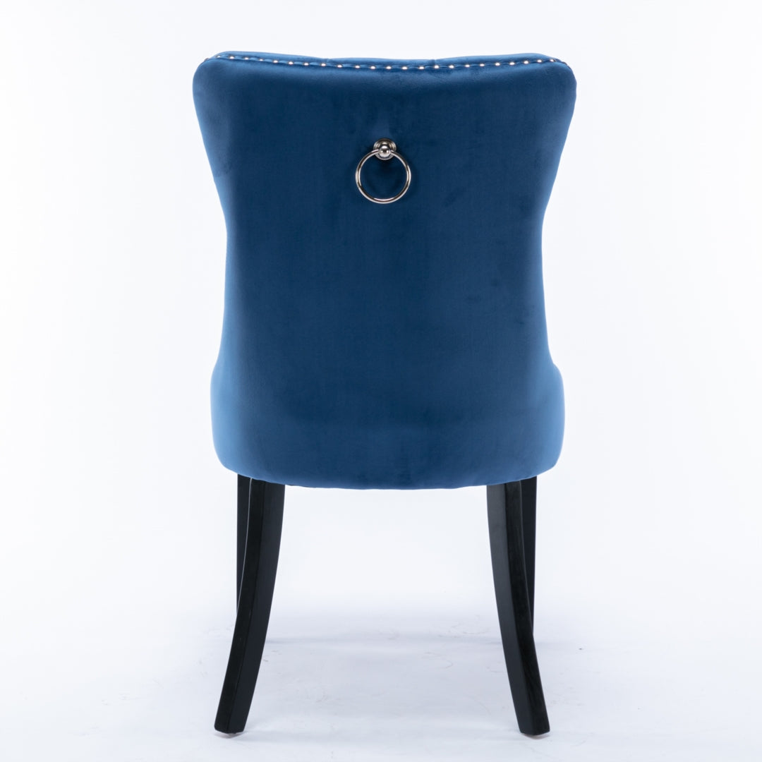 8 sillas de comedor de terciopelo tapizadas con mechones, silla de cocina con patas de madera maciza, borde de tachuelas y aro, color azul