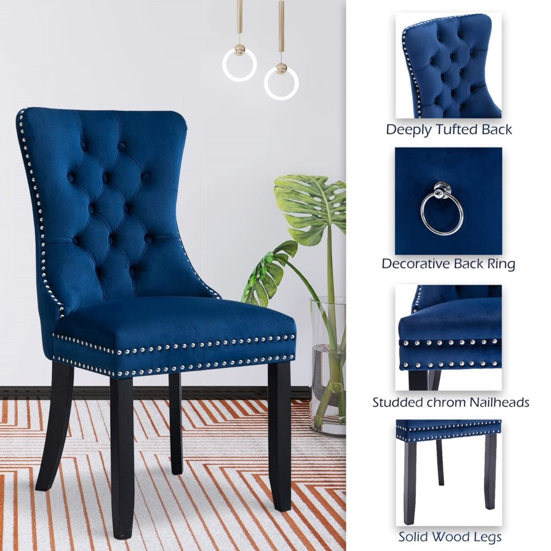 8 sillas de comedor de terciopelo tapizadas con mechones, silla de cocina con patas de madera maciza, borde de tachuelas y aro, color azul