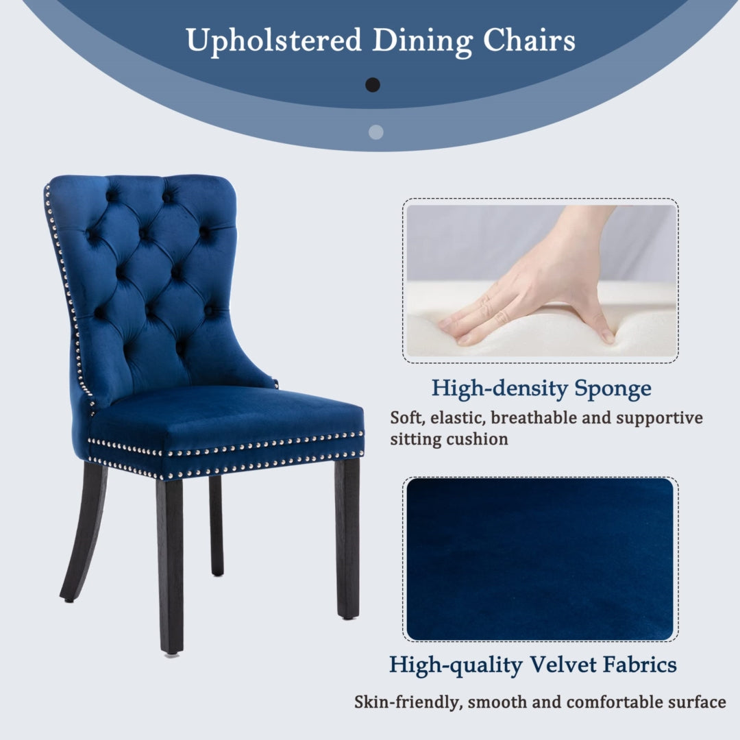 8 sillas de comedor de terciopelo tapizadas con mechones, silla de cocina con patas de madera maciza, borde de tachuelas y aro, color azul