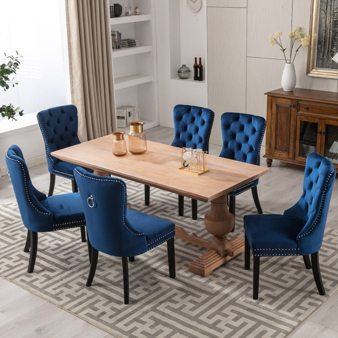 8 sillas de comedor de terciopelo tapizadas con mechones, silla de cocina con patas de madera maciza, borde de tachuelas y aro, color azul