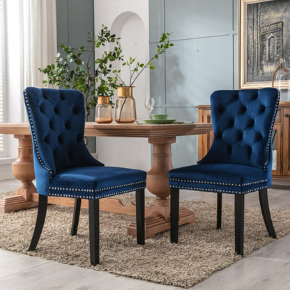 8 sillas de comedor de terciopelo tapizadas con mechones, silla de cocina con patas de madera maciza, borde de tachuelas y aro, color azul