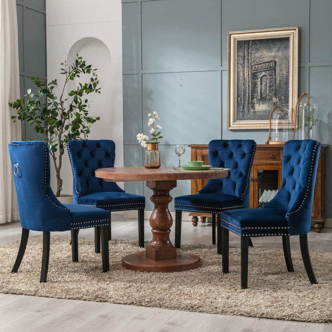 8 sillas de comedor de terciopelo tapizadas con mechones, silla de cocina con patas de madera maciza, borde de tachuelas y aro, color azul