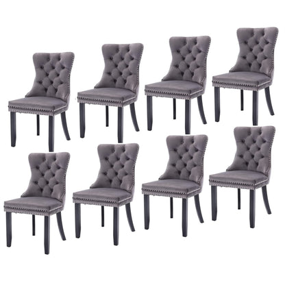 8 sillas de comedor de terciopelo tapizadas con mechones, silla de cocina con patas de madera maciza, borde de tachuelas y anillo, color gris