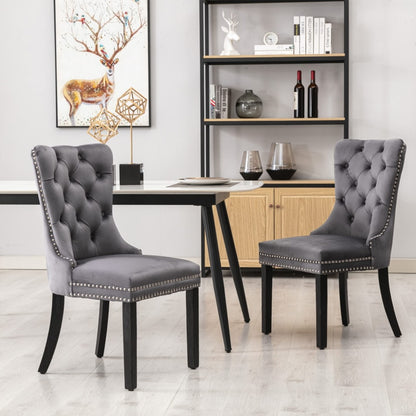 8 sillas de comedor de terciopelo tapizadas con mechones, silla de cocina con patas de madera maciza, borde de tachuelas y anillo, color gris