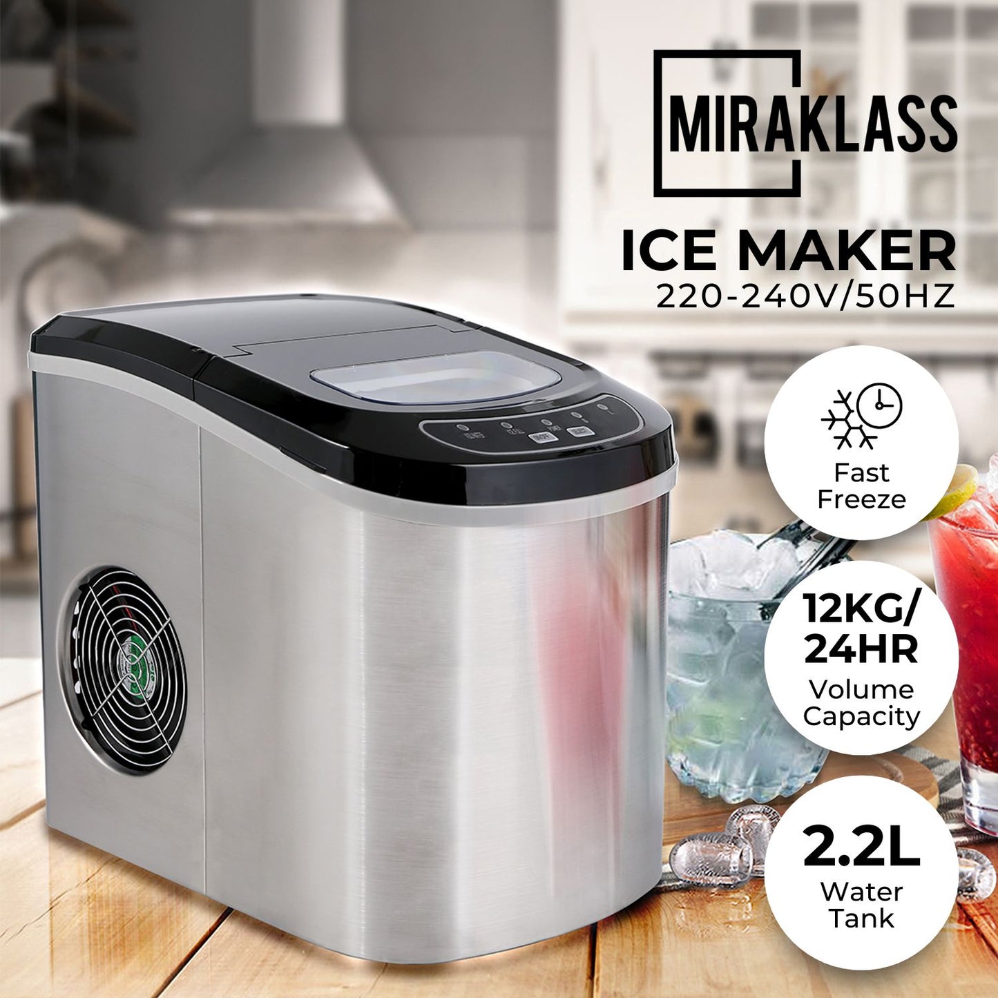 Miraklass Ice Maker Machine Stainless Steel 2.2L