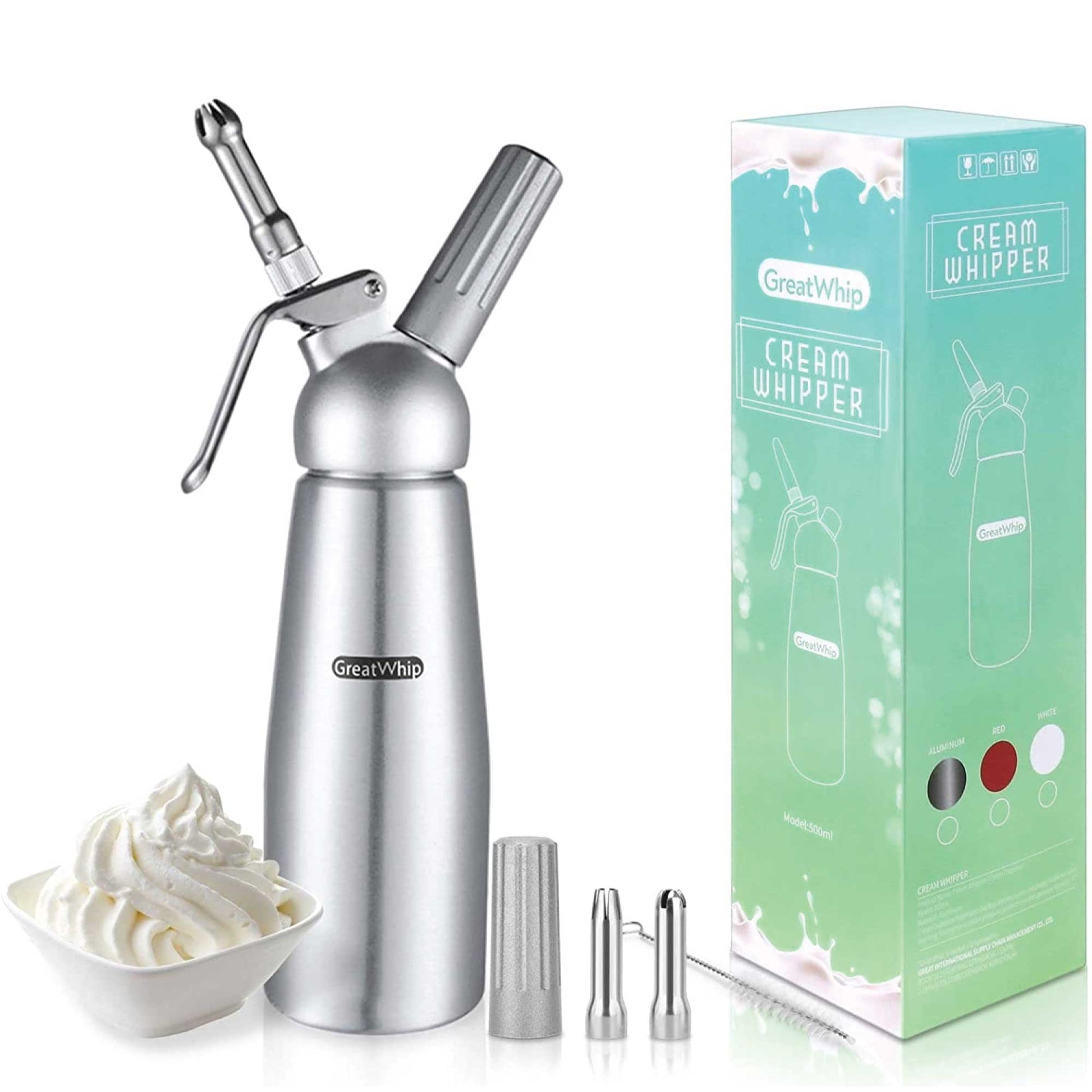 Cream Whipper Dispenser 250ml + 50x NO2 Chargers - Aluminium Canister + Nozzles