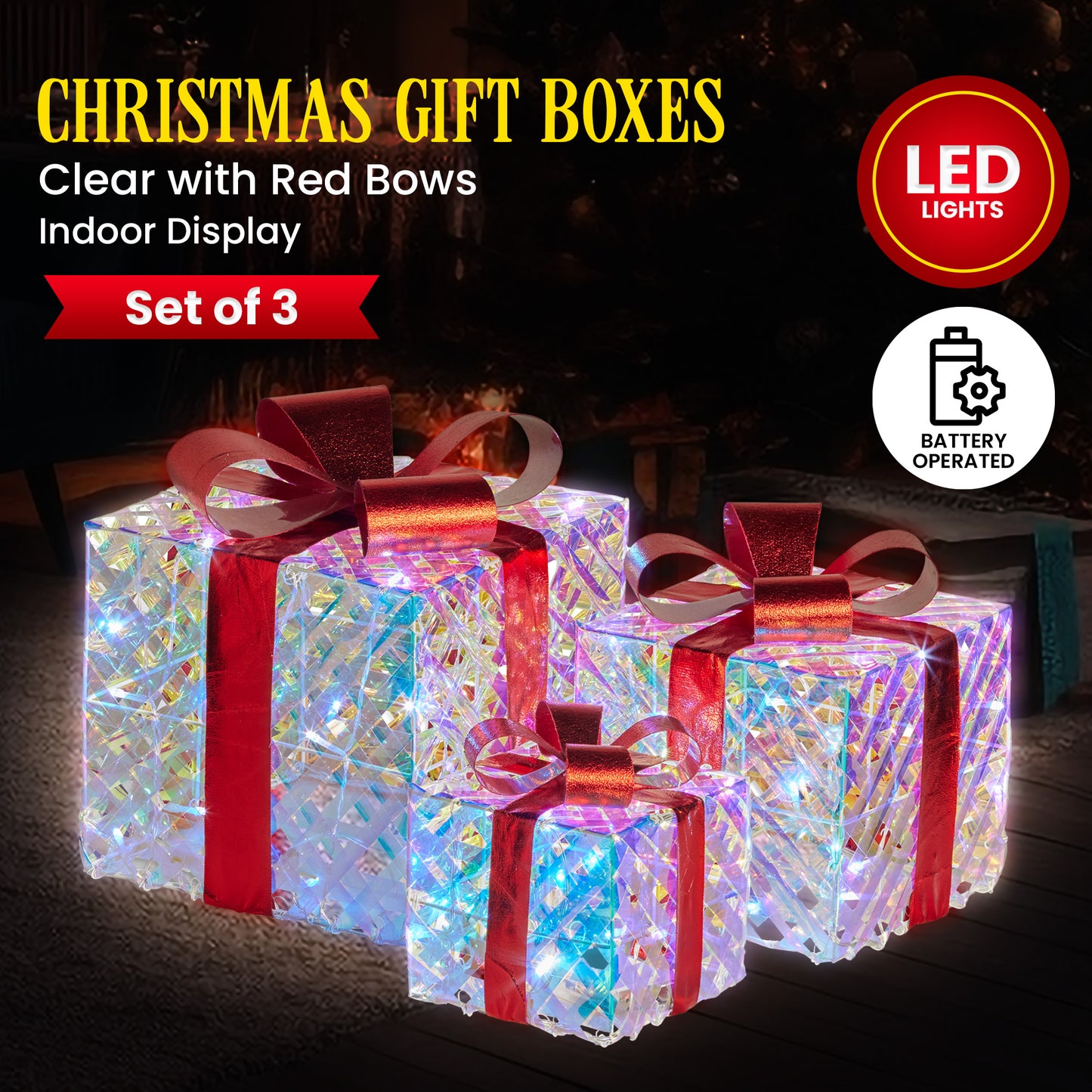 Swishmas Set of 3 Christmas Gift Boxes With Lights - Clear Shimmer With Red Bows