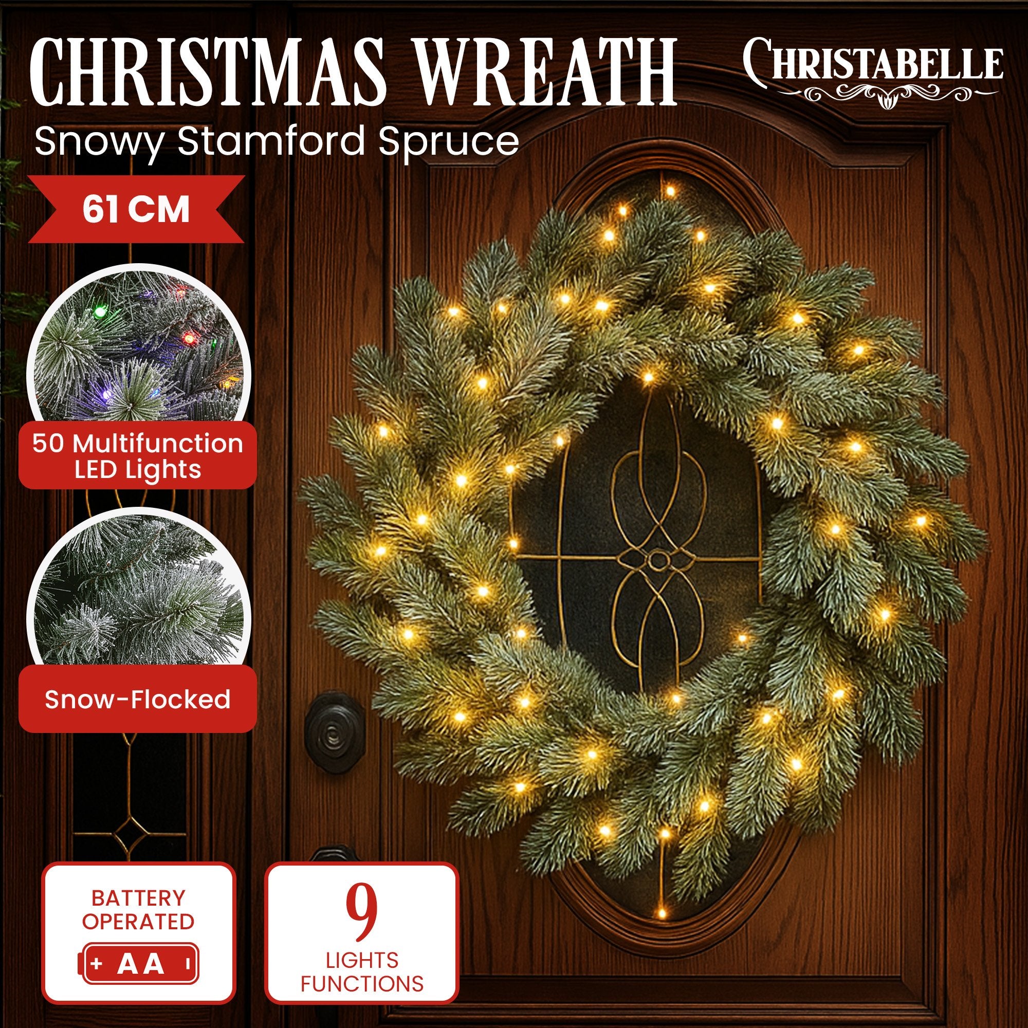 National Tree Company 61cm Pre Lit Snowy Stamford Spruce Battery Operated Christmas Wreath w/LED Lights & Timer