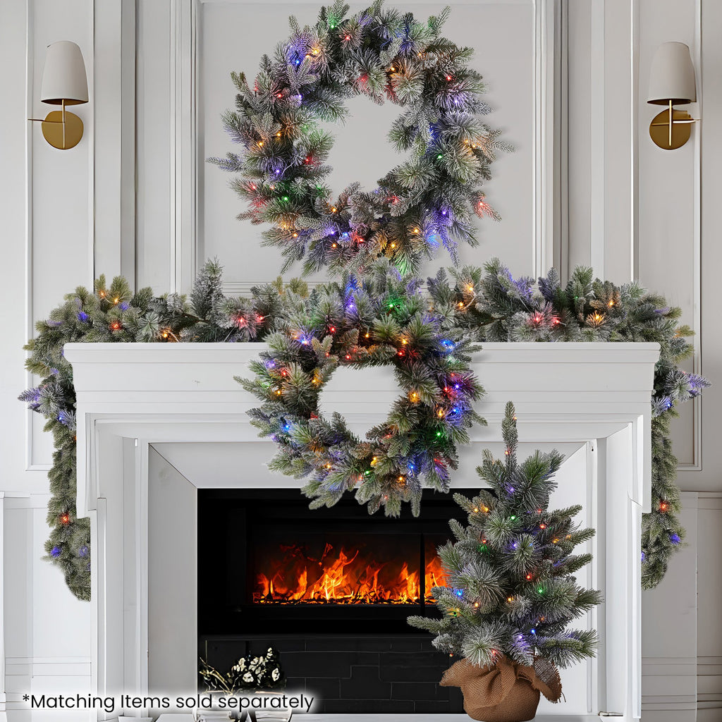 National Tree Company 61cm Pre Lit Snowy Stamford Spruce Battery Operated Christmas Wreath w/LED Lights & Timer