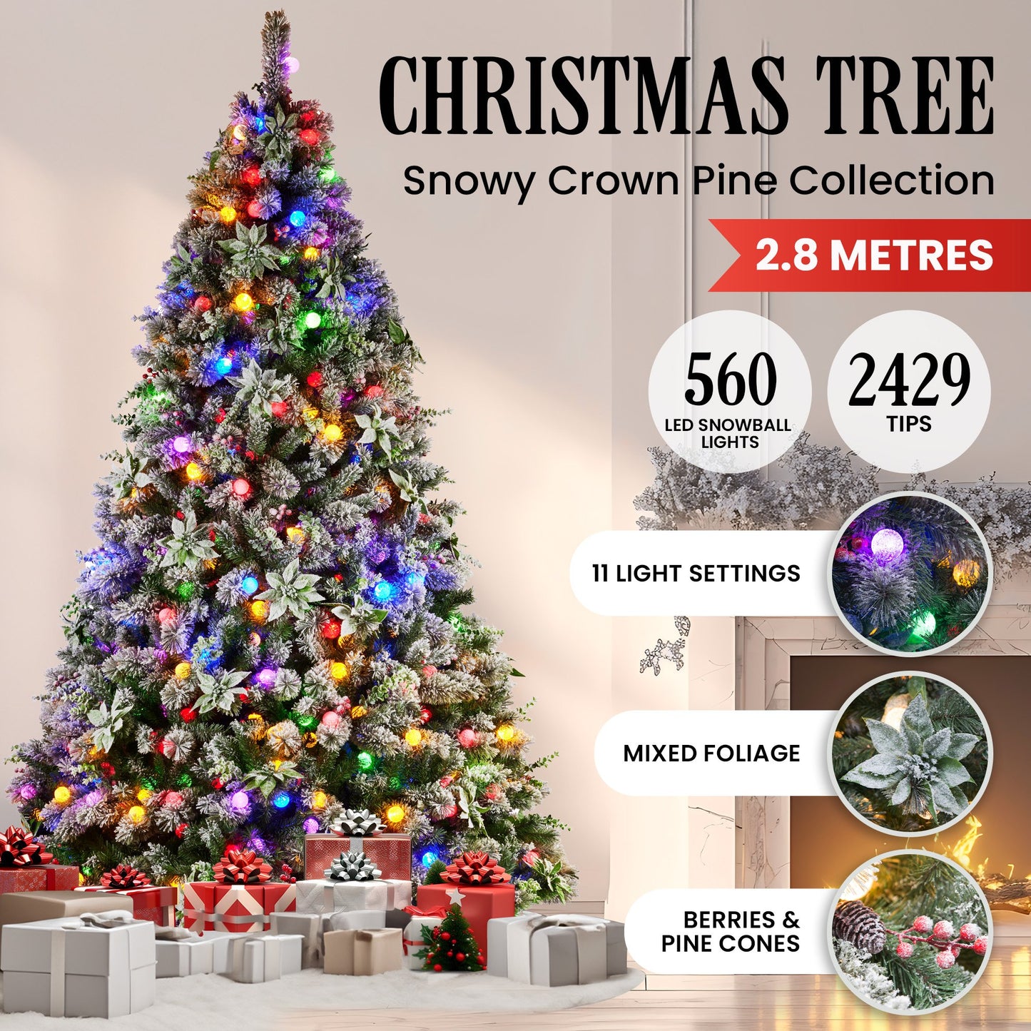 Swishmas Snowy Crown Pine 2.7m Multicolour Pre-Lit Christmas Tree with 2429 Tips