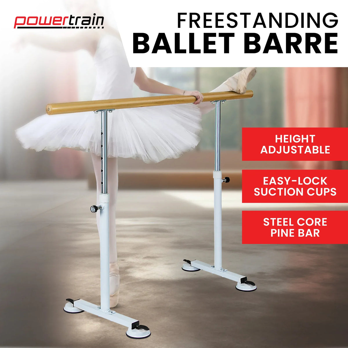Powertrain 150cm Freestanding Ballet Barre Portable Adjustable Height Dance Bar Pine Wood Pole Home Studio