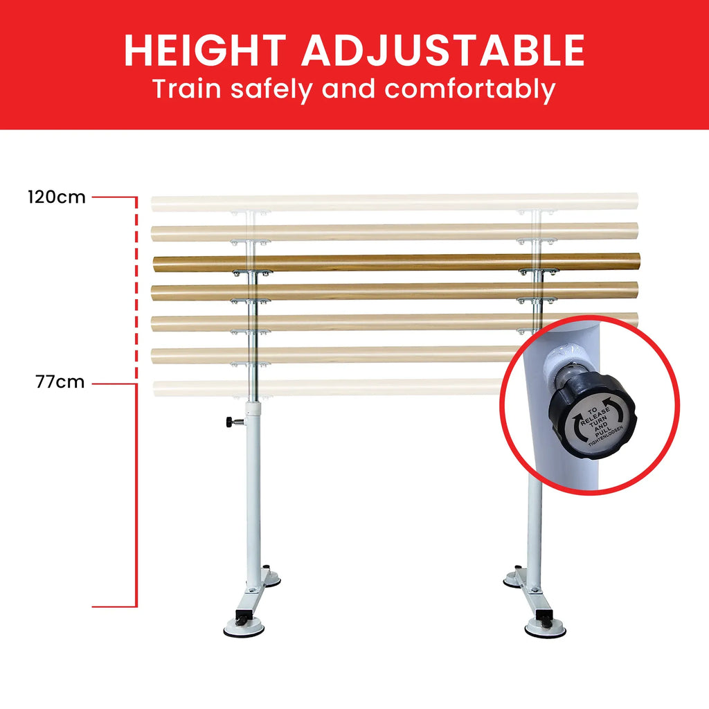 Powertrain 150cm Freestanding Ballet Barre Portable Adjustable Height Dance Bar Pine Wood Pole Home Studio