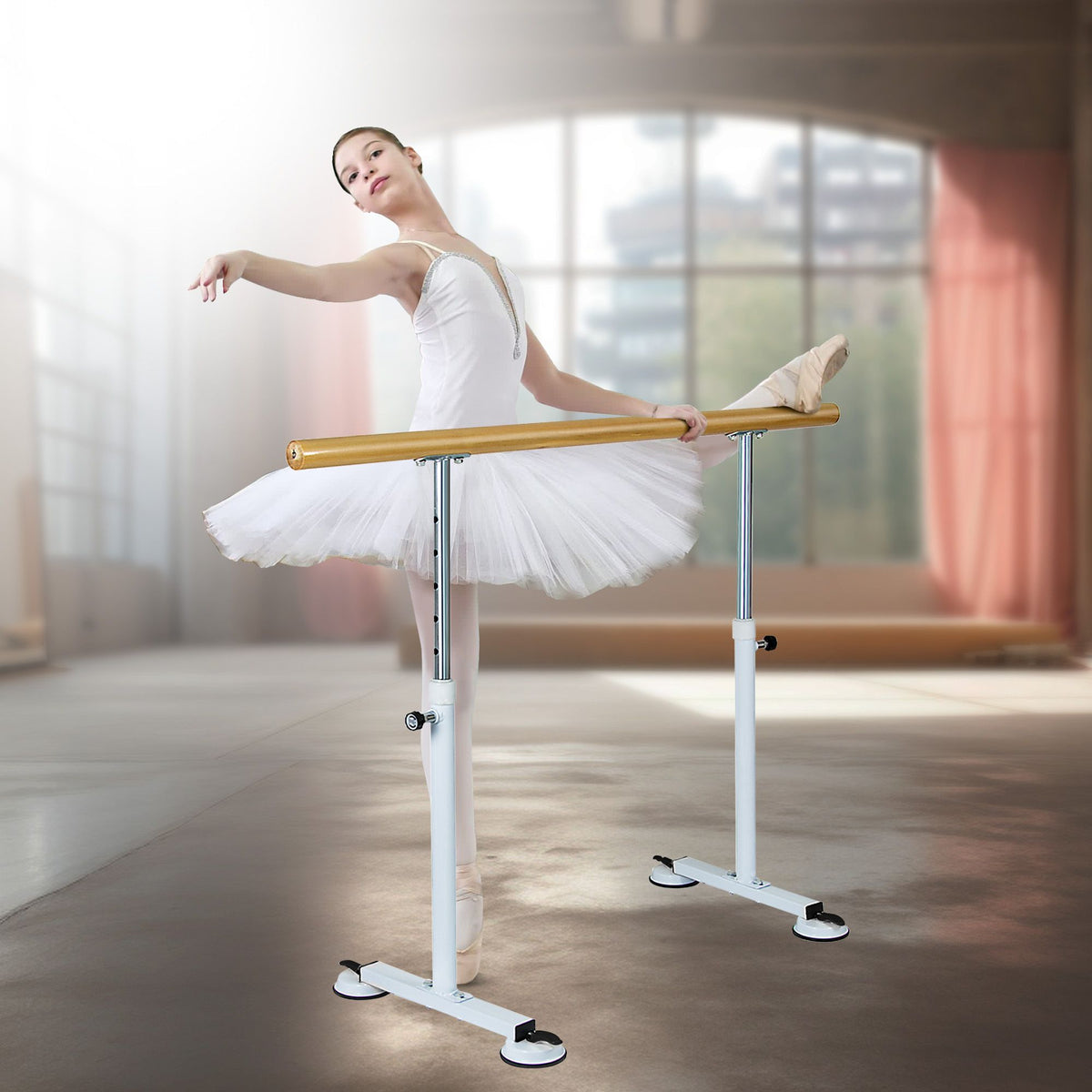 Powertrain 150cm Freestanding Ballet Barre Portable Adjustable Height Dance Bar Pine Wood Pole Home Studio