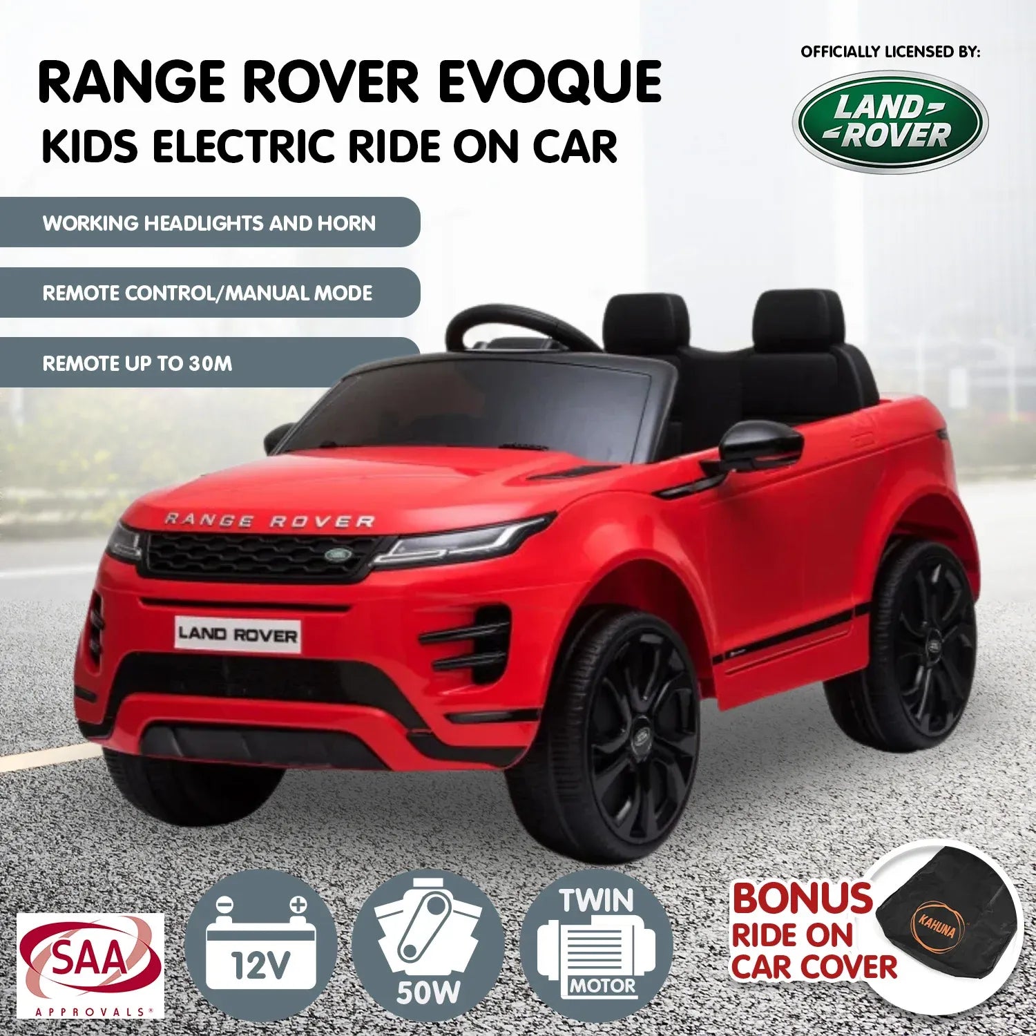 Vehículo eléctrico para niños con licencia Kahuna Land Rover, con control remoto, color rojo
