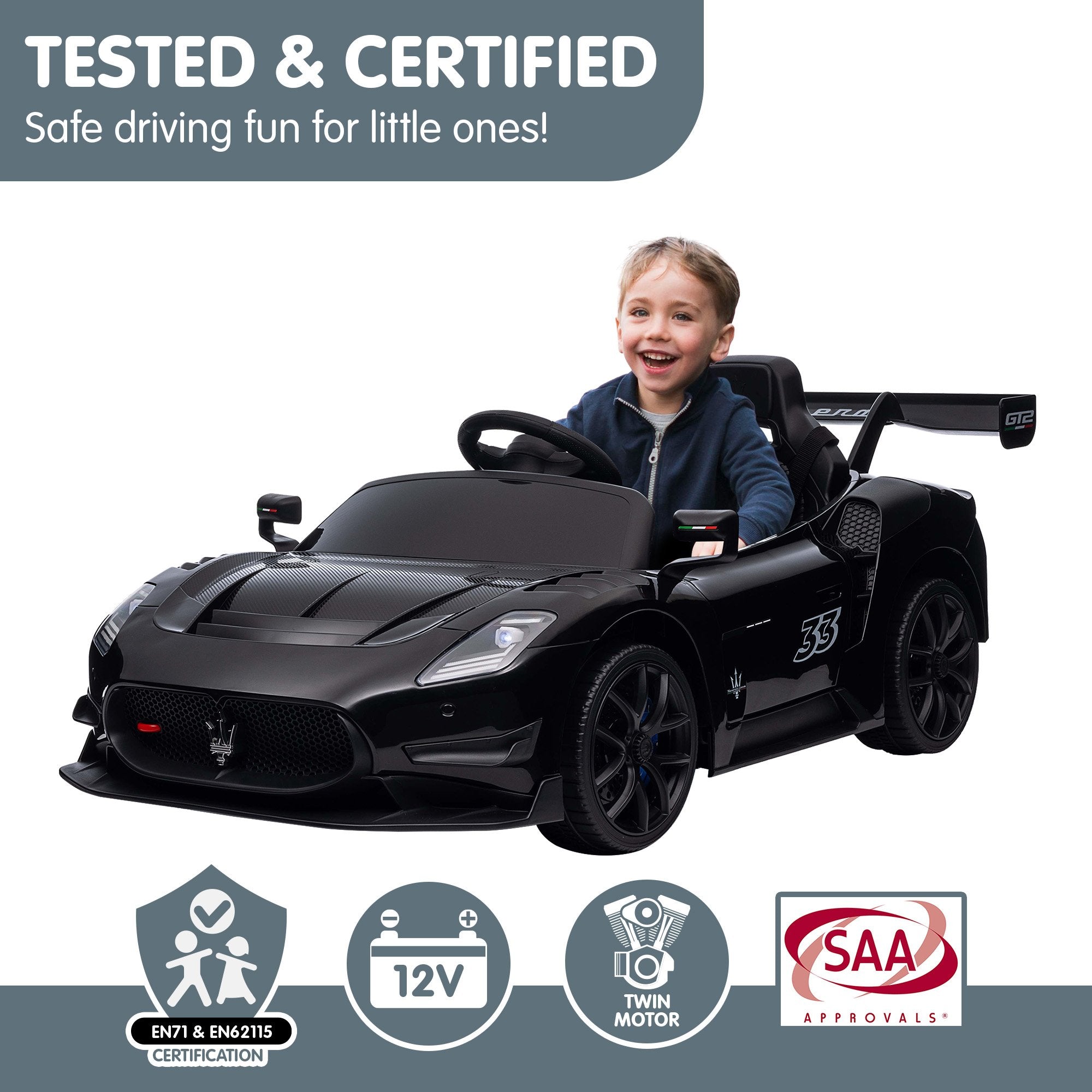 Kahuna Maserati MC20 GT2 Licensed Electric Kids Ride On Race Car Black