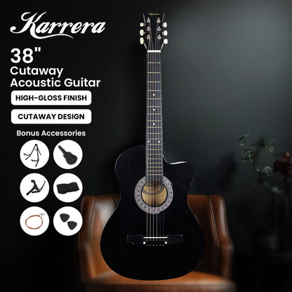 Karrera 38in Pro Cutaway Acoustic Guitar with Carry Bag - Black