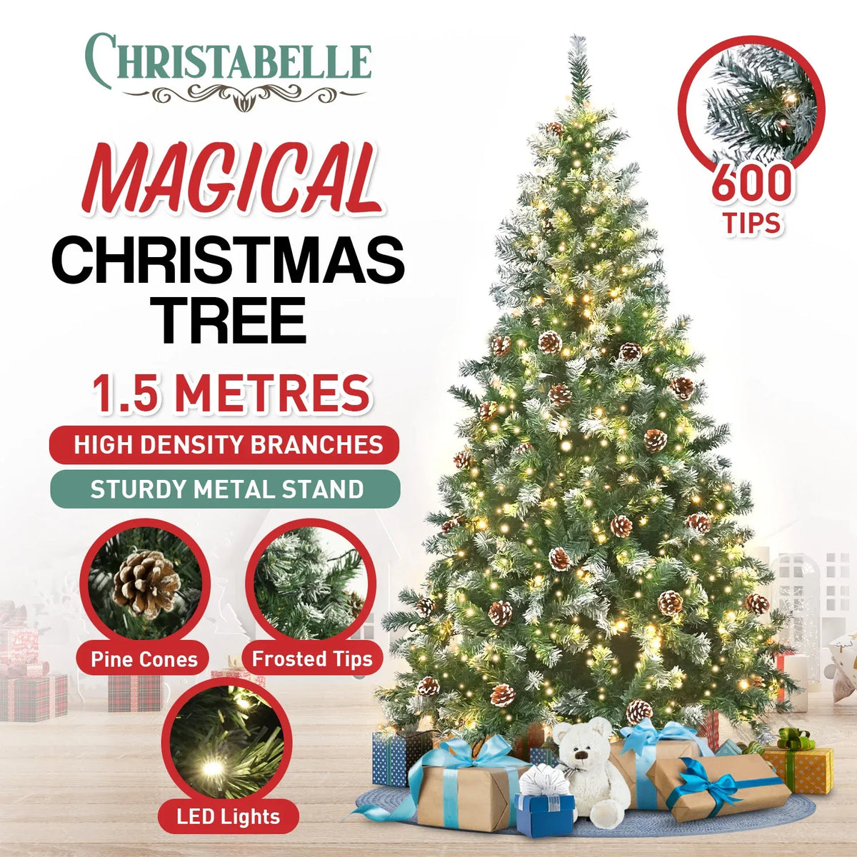 Christabelle 1.5m Pre-Lit LED Artificial Christmas Tree with Snow Tipped Needles Pine Cones Stand
